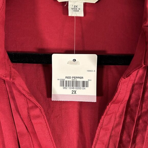 New St John's Bay Blouse Women's 2X Red Button Up Long Sleeve Vneck Collared - Picture 5 of 9